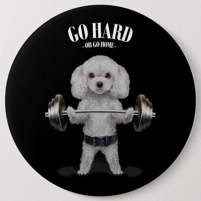 Bóton Redondo 15.24cm White Poodle Dog Weightlifting in Fitness Gym (Frente)