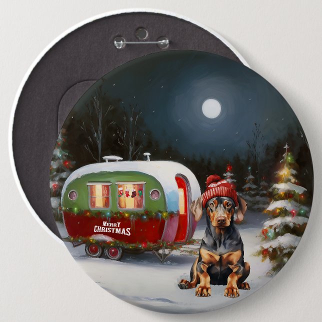 Bóton Redondo 15.24cm Winter Doberman Caravan Christmas Adventure (Frente & Verso)
