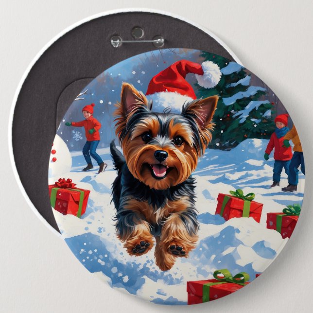 Bóton Redondo 15.24cm Yorkshire Terrier em neve com chapéu de Natal (Frente & Verso)