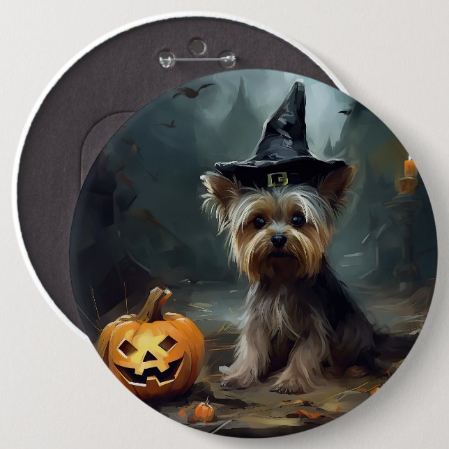 Bóton Redondo 15.24cm Yorkshire Terrier Pumpkins Halloween Scary (Frente & Verso)