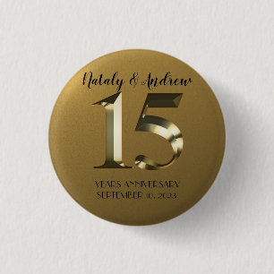 Bóton Redondo 2.54cm 15 de ouro Metálico Aniversário de Casamento