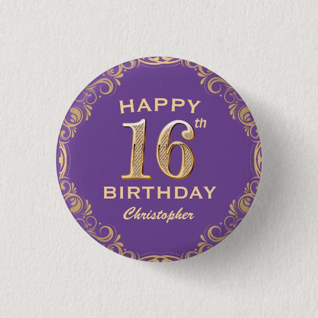 Bóton Redondo 2.54cm 16th Birthday Party Purple and Gold Glitter Frame (Frente)