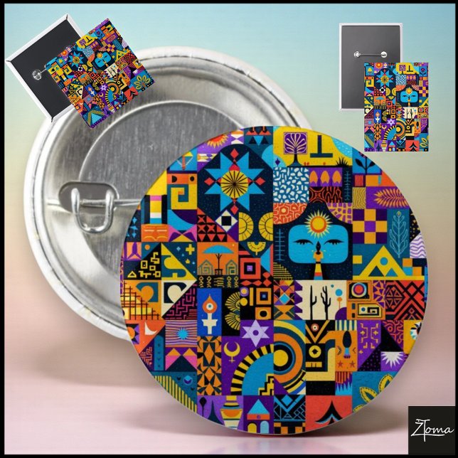 Bóton Redondo 2.54cm Abstract Folk Art Geometric Quilt Mosaic (Criador carregado)