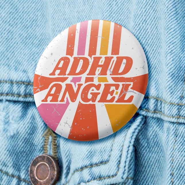Bóton Redondo 2.54cm ADHD Angel Orange 70s Retro Saúde Mental (Retro 70s badge with orange and yellow lines, and the text 'ADHD Angel')