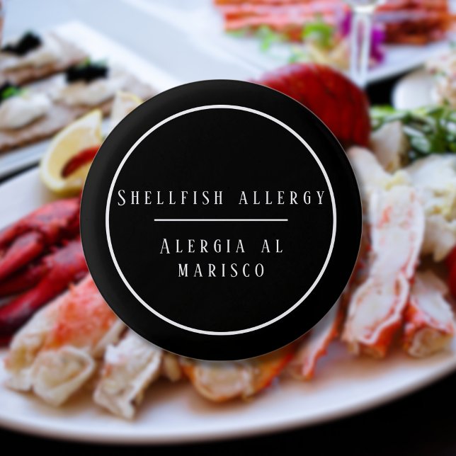 Bóton Redondo 2.54cm Alergia Bilíngue Preta e Branca a Peixe-Maravilha (Bilingual Shellfish allergy warning button, Spanish text, editable. multilingual project)