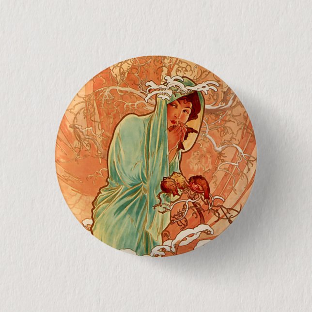 Bóton Redondo 2.54cm Alphonse Mucha, Quatro Assentos, inverno (Frente)