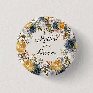 Bóton Redondo 2.54cm Amarelo Azul Floral Mão Pintada Mãe do Noivo