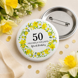Bóton Redondo 2.54cm Amarelo White Daffodil Wreath 50th Birthday