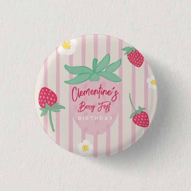 Bóton Redondo 2.54cm Aniversário de um ano Morango Berry (Frente)