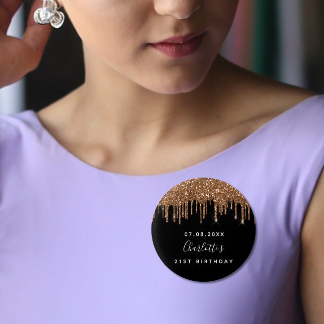 Bóton Redondo 2.54cm Aniversário dourado preto brilha monograma persona (Criador carregado)