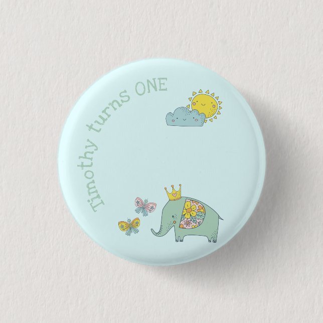 Bóton Redondo 2.54cm Aniversário Personalizável de Elefante e Borboleta (Frente)