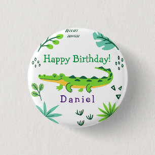 Bóton Redondo 2.54cm Aniversário tropical com crocodilo verde 