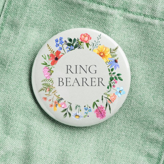 Bóton Redondo 2.54cm Arranjo de flores silvestres para casamento do por (Ring Bearer Wildflower Watercolor Floral Wreath Wedding Button)