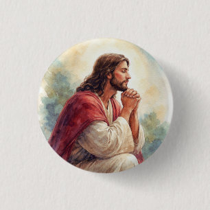 Bóton Redondo 2.54cm Arte em Aquarela de Jesus em Oração   Fé Cristã