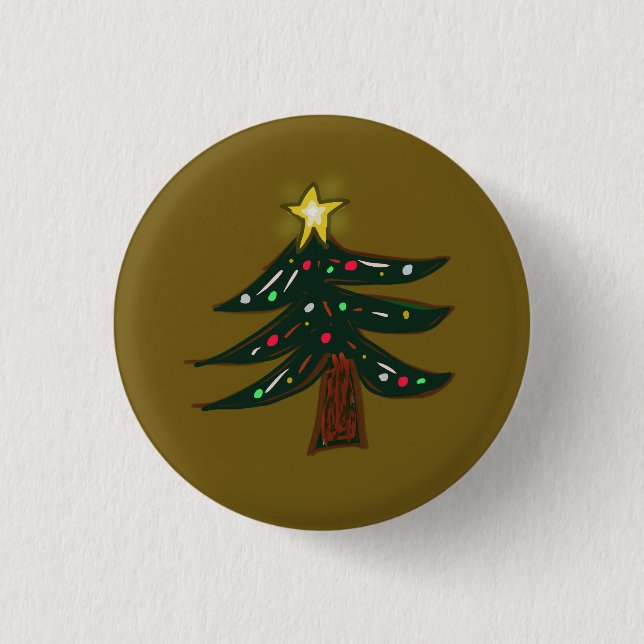 Bóton Redondo 2.54cm Árvore de Natal Desenhada à Mão com Estrela  (Frente)