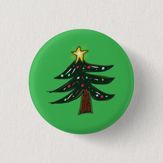 Bóton Redondo 2.54cm Árvore de Natal Desenhada à Mão com Estrela Verde (Frente)