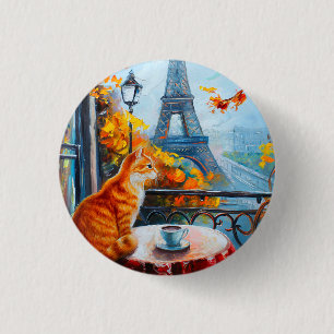 Bóton Redondo 2.54cm Autumn Parisiense Ginger Cat em um café