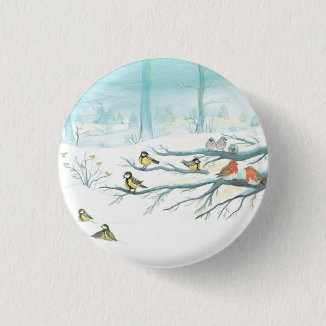 Bóton Redondo 2.54cm Aves florestais no inverno (Frente)