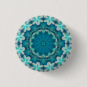 Bóton Redondo 2.54cm Azul Aqua Mandala Rosette Retro Hippie