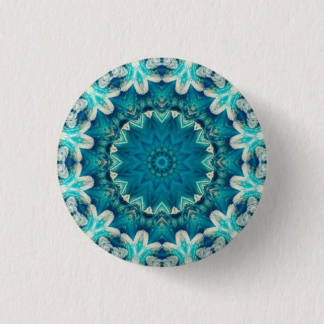 Bóton Redondo 2.54cm Azul Aqua Mandala Rosette Retro Hippie (Frente)