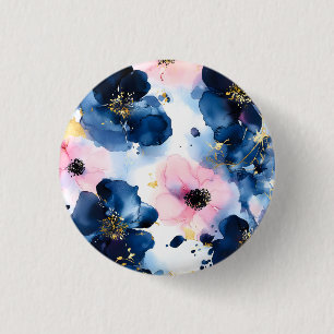 Bóton Redondo 2.54cm Azul Marinho Bege Rosa Dourado Floral Aquarela