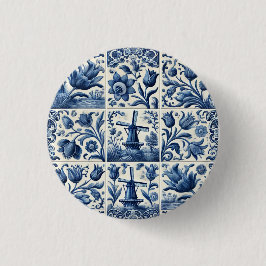 Bóton Redondo 2.54cm Azulejo Elegante Azul e Branco Delft