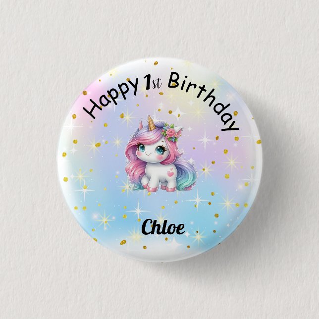 Bóton Redondo 2.54cm Baby Unicorn Birthday Button (Frente)