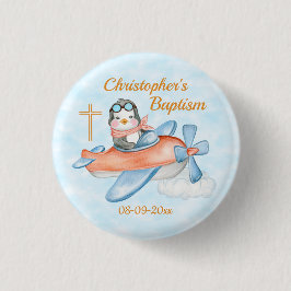 Bóton Redondo 2.54cm Baptism Watercolor Baby Penguin Avião Personalizad