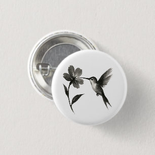 Bóton Redondo 2.54cm Beija-flor com Flor – Design de Pincel Tinta em