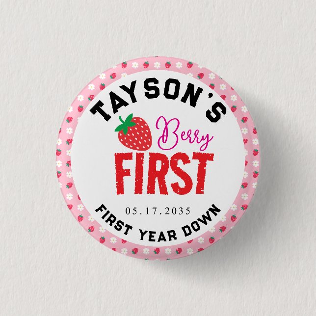 Bóton Redondo 2.54cm Berry First Birthday primeiro aniversario Strawber (Frente)