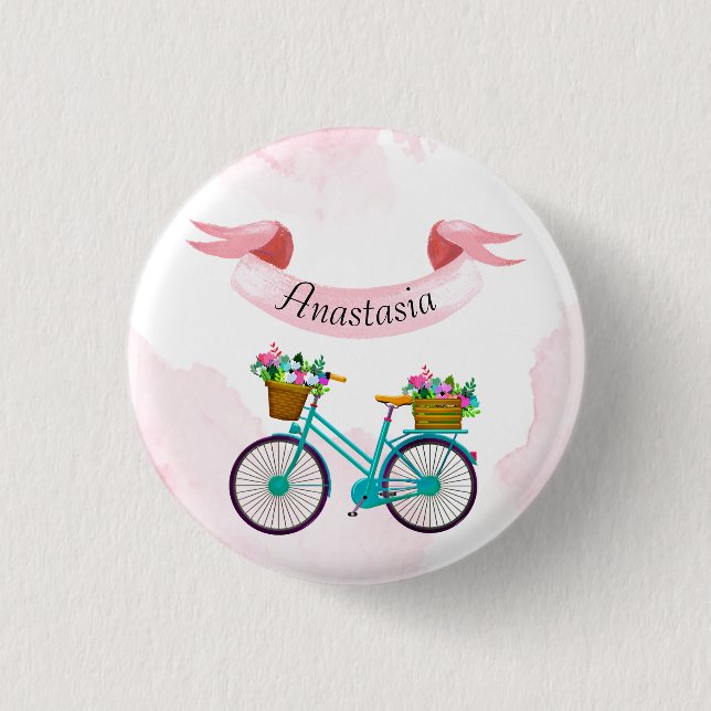 Bóton Redondo 2.54cm Bicicletas de Flor Rosa Moderno (Frente)