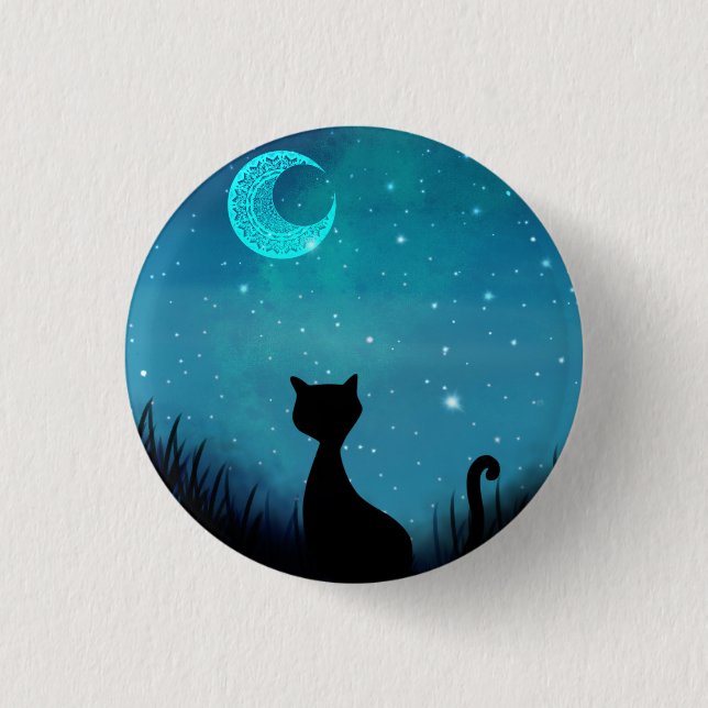 Bóton Redondo 2.54cm black cat starry sky crescent moon  (Frente)