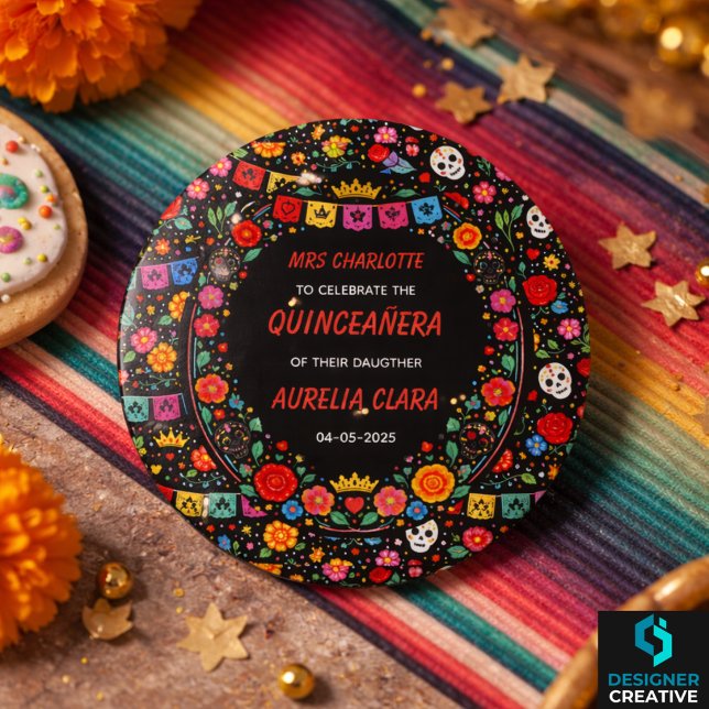 Bóton Redondo 2.54cm Black Mexican Fiesta Floral Gold Tiara Quinceañera (Black Mexican Fiesta Floral Gold Tiara Quinceañera Button)