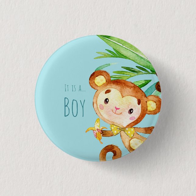 Bóton Redondo 2.54cm Blue Cute Monkey Baby Boy Announcement 2 (Frente)