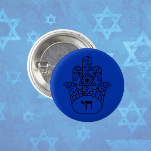 Bóton Redondo 2.54cm Blue Jewish Chai Hamsa com Estrela de David