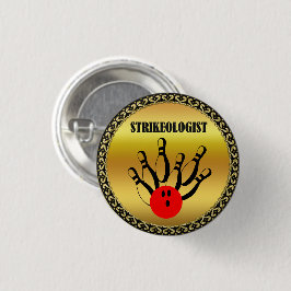 Bóton Redondo 2.54cm Bola de boliche e pinos com a palavra STRIKEOLOGIS