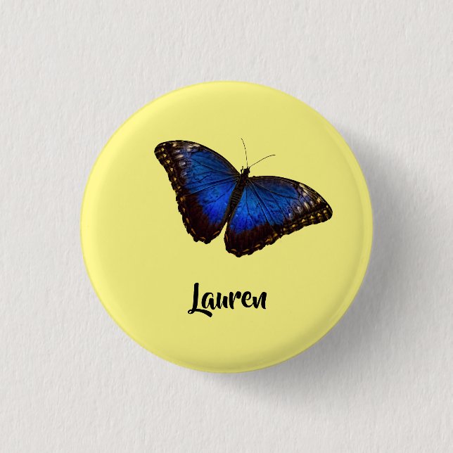 Bóton Redondo 2.54cm Borboleta Azul Morpho Personalizada com Nome (Frente)