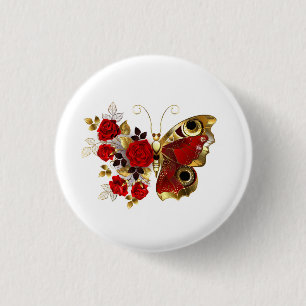 Bóton Redondo 2.54cm Borboleta de flor vermelha com rosas vermelhas