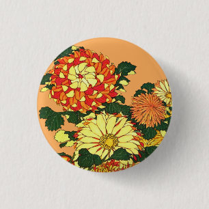 Bóton Redondo 2.54cm Borda da Flor Japonesa, tangerina Laranja e Dourad