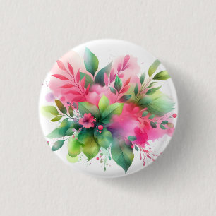 Bóton Redondo 2.54cm Botânico Floral Aguarela Rosa Verde