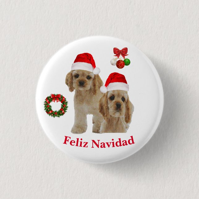 Bóton Redondo 2.54cm Botão Cocker spaniel Feliz Navidad (Frente)