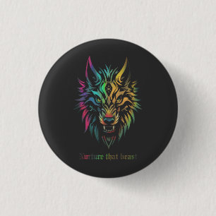 Bóton Redondo 2.54cm Botão com rosto colorido de lobo tribal