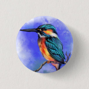 Bóton Redondo 2.54cm Botão de Pássaro Kingfisher - Pintura