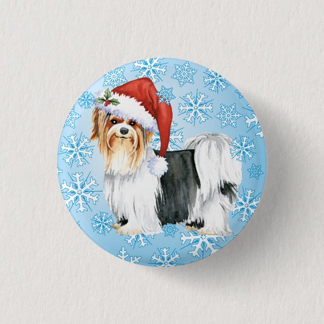 Bóton Redondo 2.54cm Botão Feliz Howlidays Biewer Terrier Pinback (Frente)