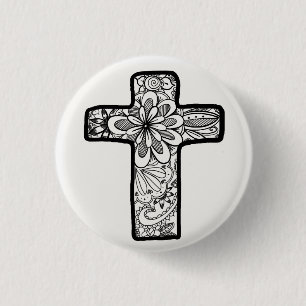 Bóton Redondo 2.54cm Botão preto e branco da cruz do Doodle
