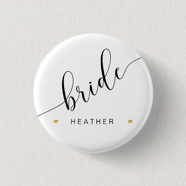 Bóton Redondo 2.54cm Bridal Party Bride Script Simples Moderno Dourado  (Frente)