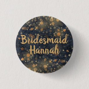 Bóton Redondo 2.54cm Bridesmaid de Script de Bokeh Azul Dourado Marinho