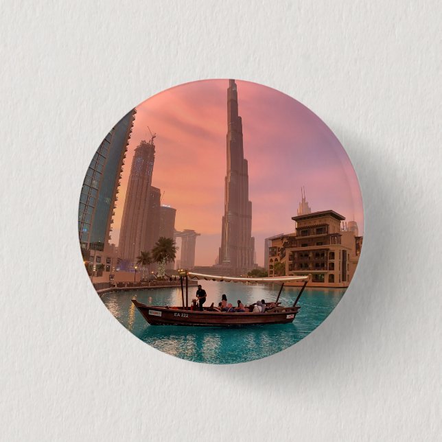 Bóton Redondo 2.54cm Burj Khalifa Boat Lake Cityscape (Frente)
