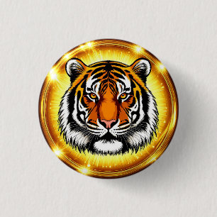 Bóton Redondo 2.54cm Cabeça de Tigre Majestoso Com Luzes Douradas Brilh