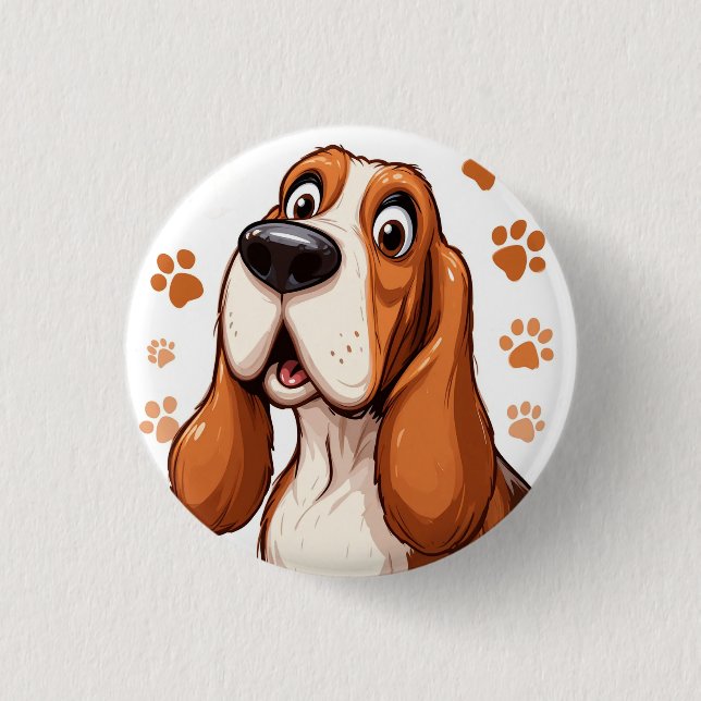 Bóton Redondo 2.54cm Cachorro Basset Alegre com Impressões de Pata Lara (Frente)